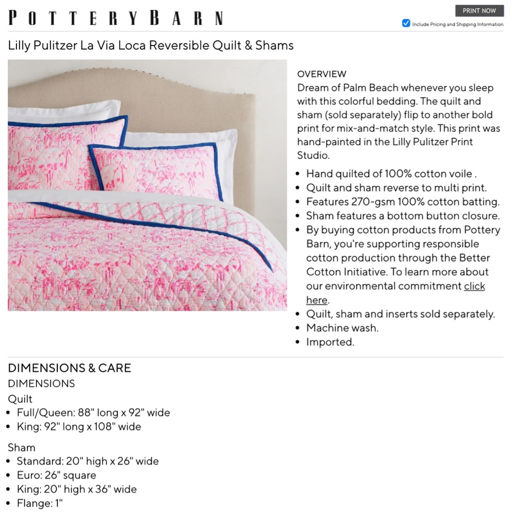 Lilly Pulitzer-Pottery Barn Cotton Reversible King Quilt & Shams